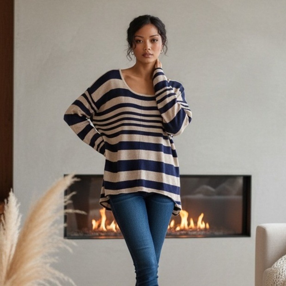 C&C California L Womens Striped Long Sleeve Cashmere Wool Blend Sweater Top